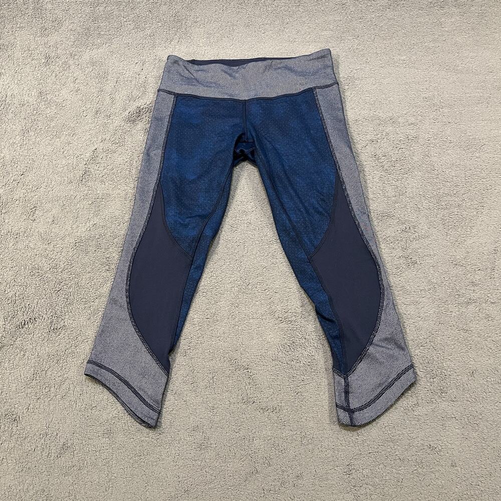 Lululemon Run Inspire Crop Blue Striped Mesh Paneled Leggings Women's Size 6
